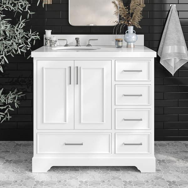 ARIEL Stafford 37 in. W x 22 in. D x 36 in. H Left Single Sink Freestanding Bath Vanity in White with Pure White Quartz Top