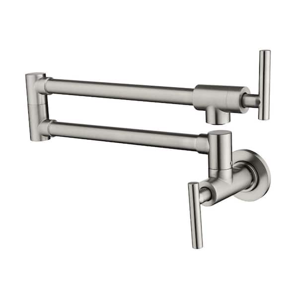 Wall Mounted Folding Pot Filler with Double-Handle Brass Stretchable Kitchen Sink Faucet in Brushed Nickel