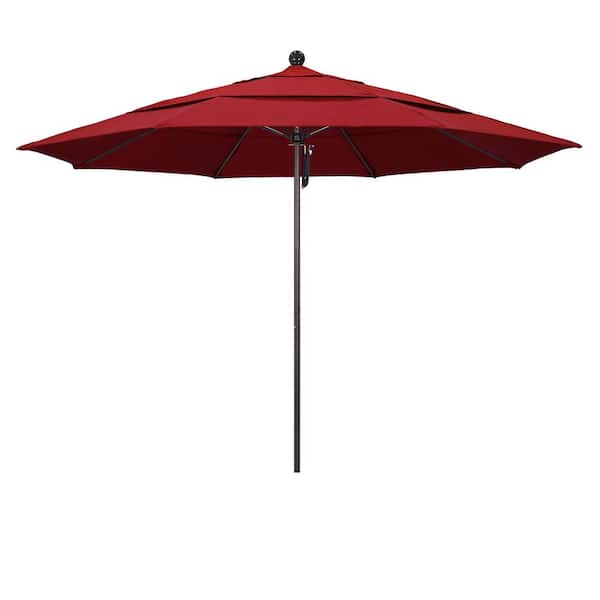 California Umbrella 11 ft. Bronze Aluminum Commercial Market Patio Umbrella with Fiberglass Ribs and Pulley Lift in Red Olefin