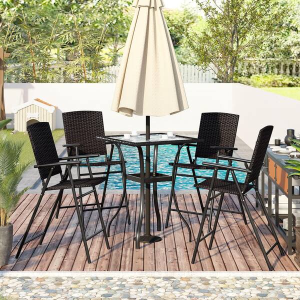 Harper Bright Designs Black 5 Piece Metal And Wicker Counter Height Outdoor Dining Table Set With Umbrella Hole 4 Foldable Chairs Dt018aad Umbrella Hole And 4 Foldable Chairs, Counter Height Outdoor Sets