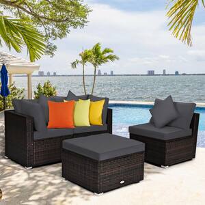 4-Piece Outdoor Wicker Patio Conversation Set Brown Finish with Gray Cushions and Pillows