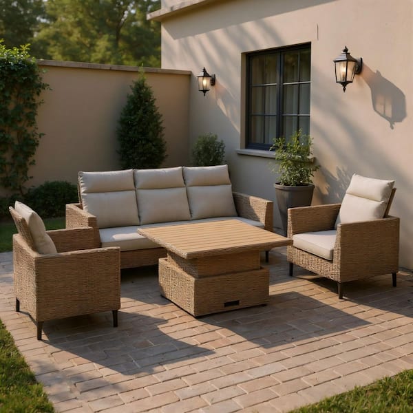 Lucero 4-Piece Synthetic Wicker Patio Conversation Set with Cushions and Lift Table, Seating Capacity: 5
