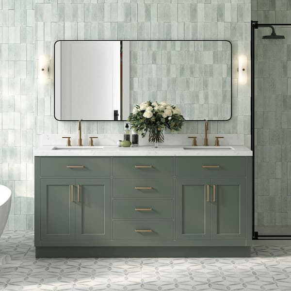 Hepburn 72 in. Double Sink Freestanding Bathroom Vanity in Vintage Sage Green with Carrara White Quartz Top