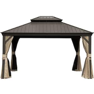 10 ft. x 12 ft. Brown Outdoor Aluminum Gazebo with Galvanized Steel Double Canopy Curtains and Netting for Deck Backyard
