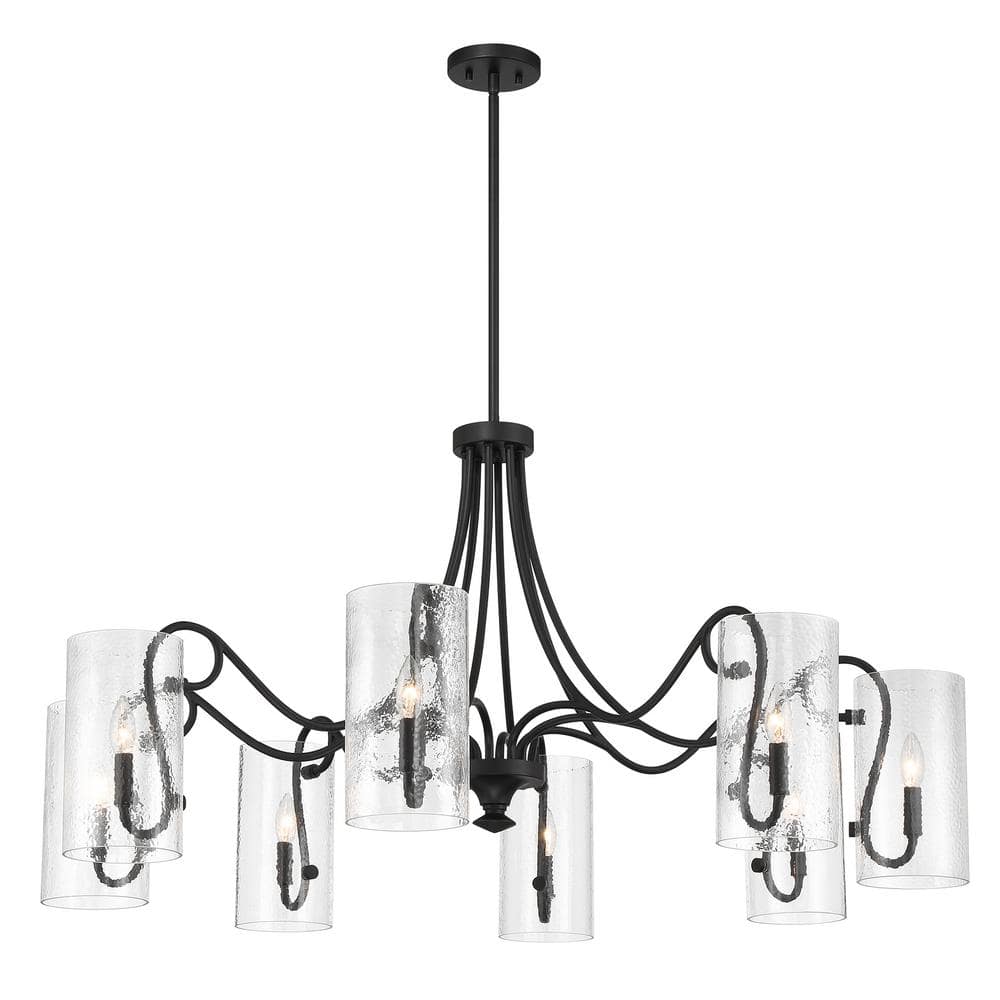 Matte Black 8-Light Chandelier with Clear Hammered Glass Shades