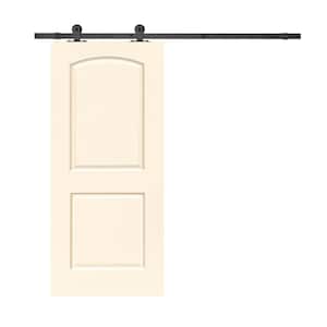 30 in. x 80 in. Beige Stained Composite MDF 2-Panel Round Top Interior Sliding Barn Door with Hardware Kit