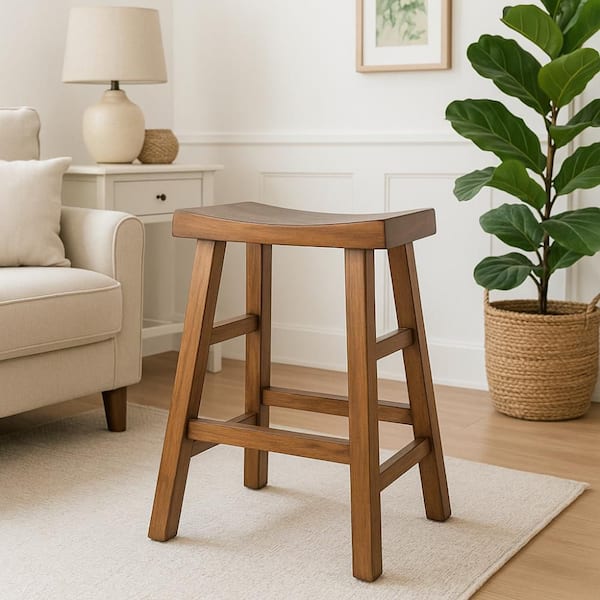 Marv Rustic Brown Mahogany Wood Counter Stool with Saddle Seat (Set of 2)