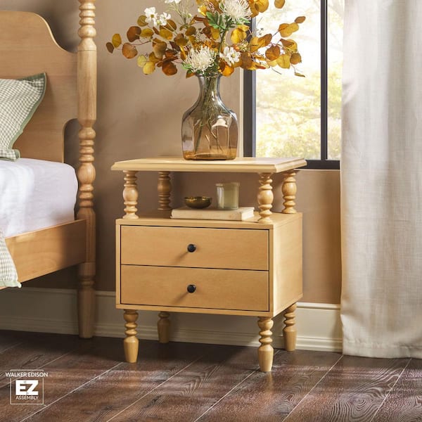 Walker Edison Furniture Company Modern Farmhouse Easy Assembly Natural 2-Drawer 22 in. W Solid Wood Spindle-Detailing Nightstand