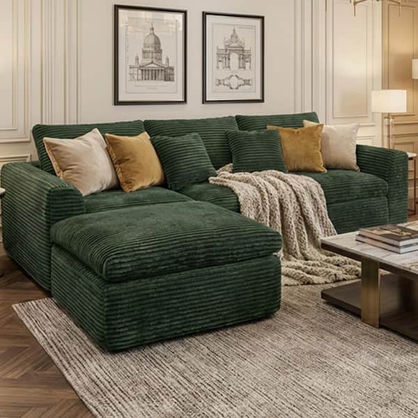 Quinley Modern 107 in. Square Arms 4-Piece Corduroy Modular Compressed Sectional Sofa in Green with Ottoman