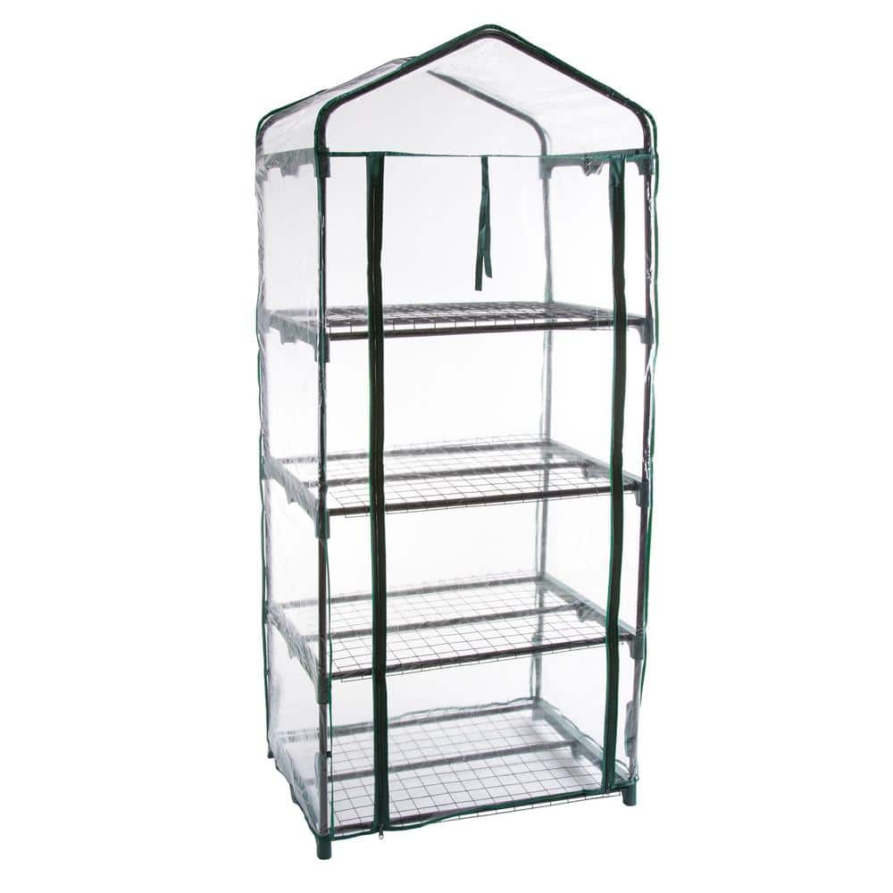Compact 5' Green Mini Greenhouse with Roll-Up Door and Mesh Shelves