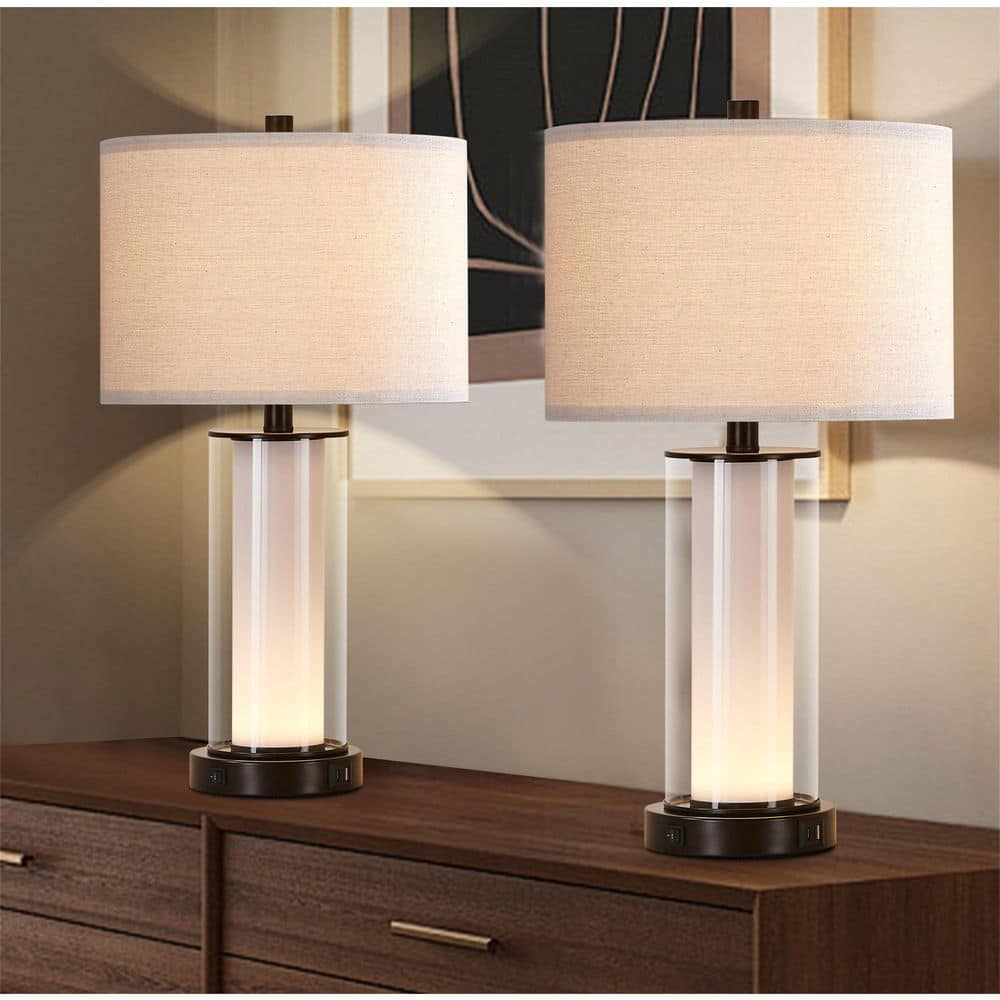 KAWOTI 23 inch Modern Glass Table Lamp Set with Night Light (Set of 2) - Bronze, image size:1000x1000