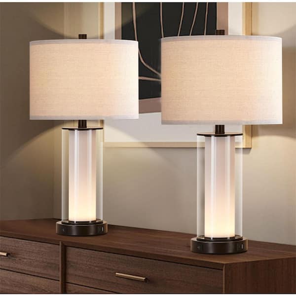 KAWOTI 23 in. Clear Glass Bronze Table Lamp Set with Night Light, Bulbs, Dual USB Ports (Set of 2)