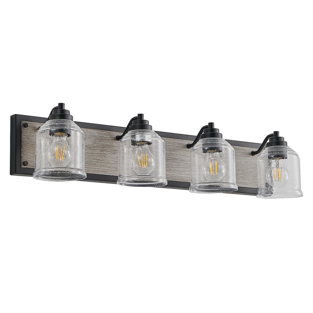 31.5 in. 4 Light Metal Black and Wood Grain Bathroom Vanity Light Wall Sconce with Clear Granular Glass Shade (No Bulbs) price history on PriceWatchPro