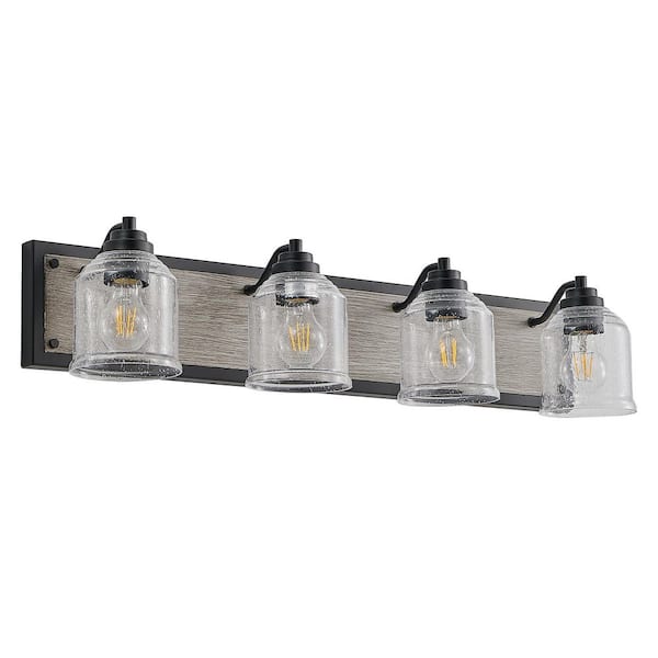 VEVETTA 31.5 in. 4 Light Metal Black and Wood Grain Bathroom Vanity Light Wall Sconce with Clear Granular Glass Shade (No Bulbs)