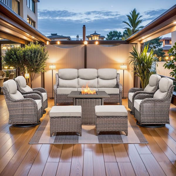 MoonLuxe Brown Wicker Fire Pit Conversation Set with Beige Olefin 6 in. Thick Cushions Patio Swivel Chairs (8-Piece)