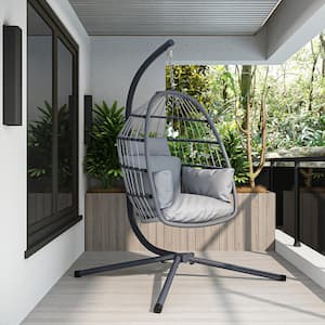 Gray PE Wicker Outdoor Foldable Patio Swing Egg Chair with Gray Cushions