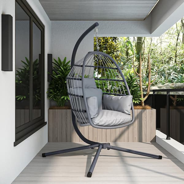 Harper & Bright Designs Gray PE Wicker Outdoor Foldable Patio Swing Egg Chair with Gray Cushions
