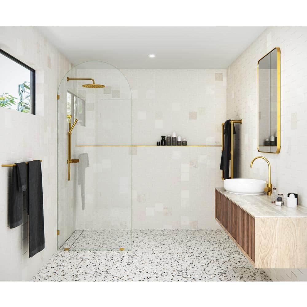 Venus 34 in. Satin Brass Frameless Arched Fixed Shower Panel