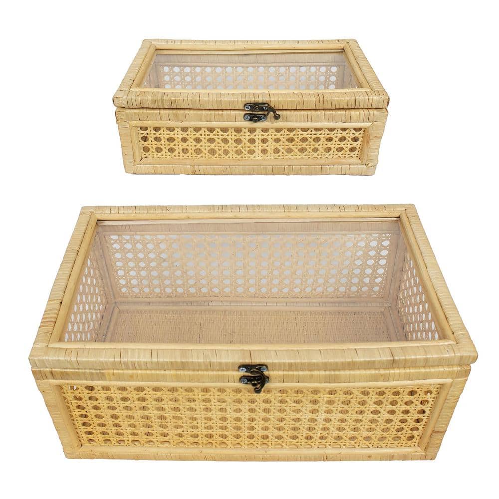 Set of 2 Rattan Box with Lids, Rectangular Woven Case with Glass for Displa