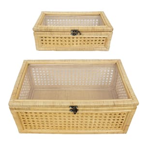 Set of 2 Rattan Box with Lids, Rectangular Woven Case with Glass for Display, Shagreen Box, Decorative Boxes