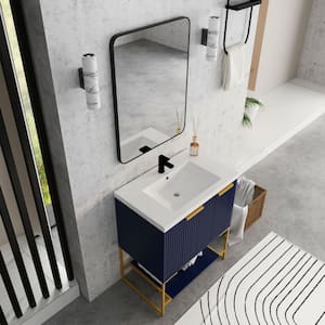 30 in. W x 18 in. D x 35 in. H Freestanding Bathroom Vanity in Blue with Glossy White Resin Basin Top