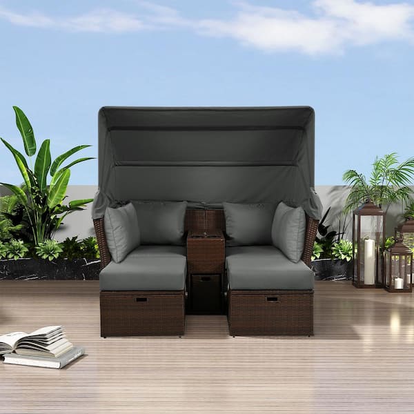 2-Seater Composite Outdoor Patio Double Day Bed Outdoor Loveseat Sofa Set with Foldable Awning and Cushions, Grey