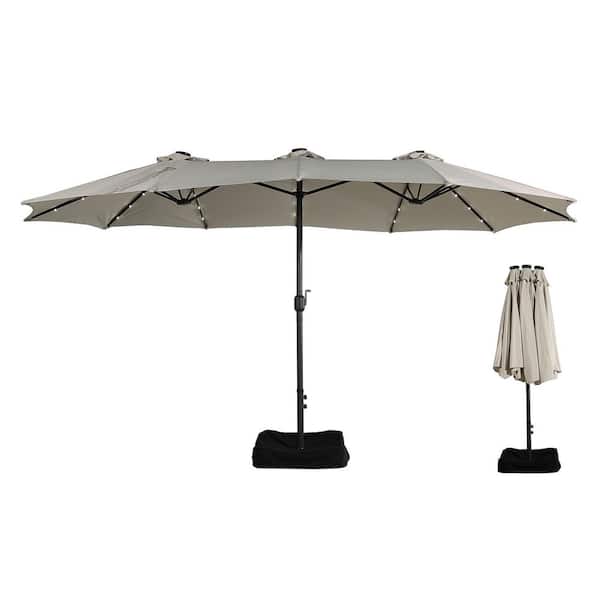 Clihome 15 ft. Steel Patio Umbrella in Beige, with Base and Solar Lights, Weather-Resistant