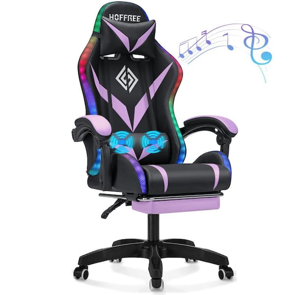 Hoffree Faxu Leather Bluetooth Speakers Massage LED Reclining Ergonomic Gaming Chair in Purple with Footrest