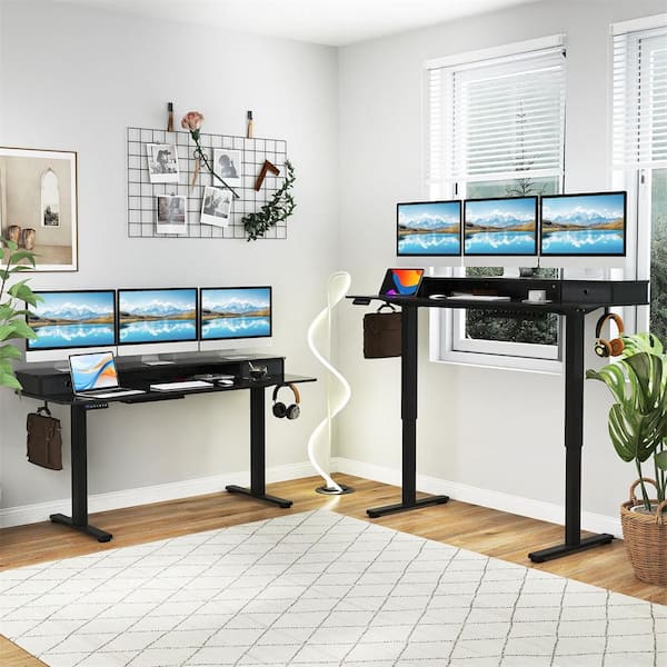 63 in. Black Standing Desk with Drawers Electric Stand-up Desk with Monitor Stand