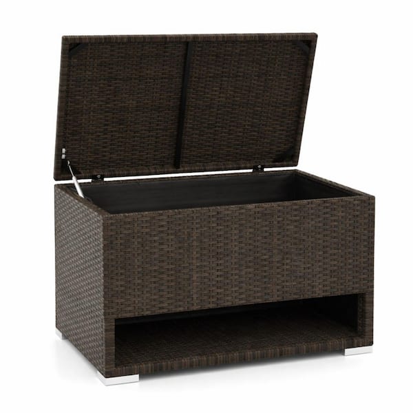 48 Gal. Light Brown PE Rattan Deck Box with Shoes Storage Layer for Furniture Cushions, Tools, Pool Supplies