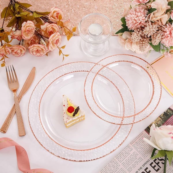 Adrinfly Rose Gold Disposable Plastic Plates Set for 50-Guests