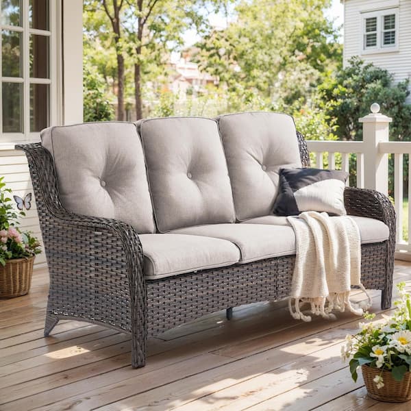3-Seat Brown PE Wicker Outdoor Couch with Beige Cushions