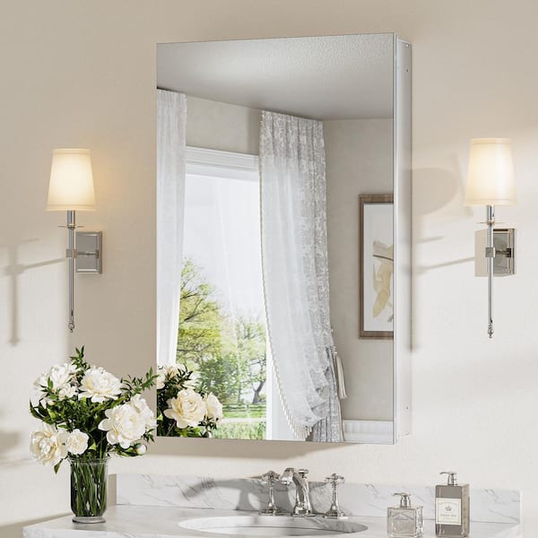 KeonJinn 20 in. W x 32 in. H Rectangular Frameless Aluminum Silver Recessed or Surface Mount Medicine Cabinet with Mirror