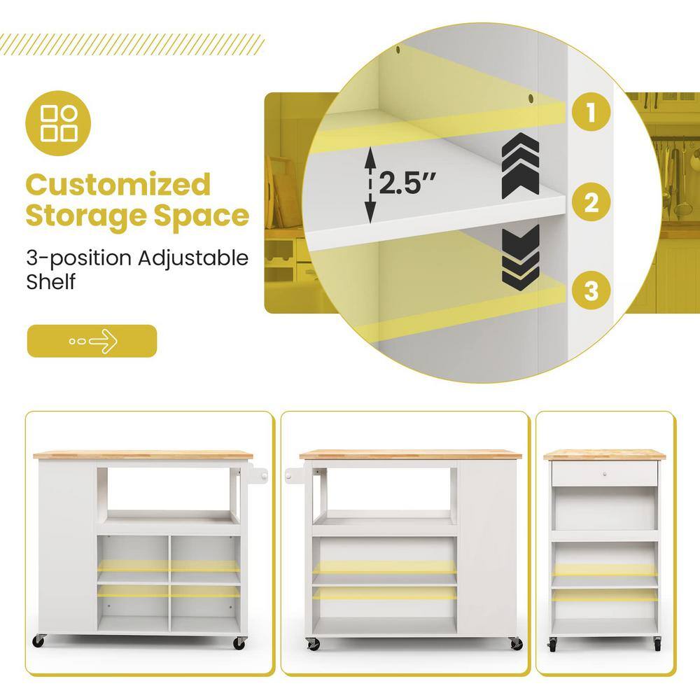 White Kitchen Cart with Rubber Wood Countertop and Storage Shelves