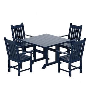 Hayes 5-Piece HDPE Plastic Outdoor Patio Dining Set with Square Table and Arm Chairs in Navy Blue
