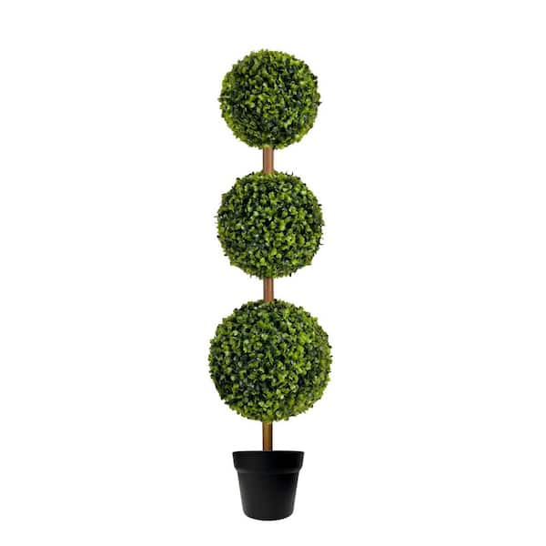 3 ft. Artificial Triple Ball Tree with 0. 5in Planter Pot, Faux Boxwood Topiary for Porch, Front Door, Garden Decor