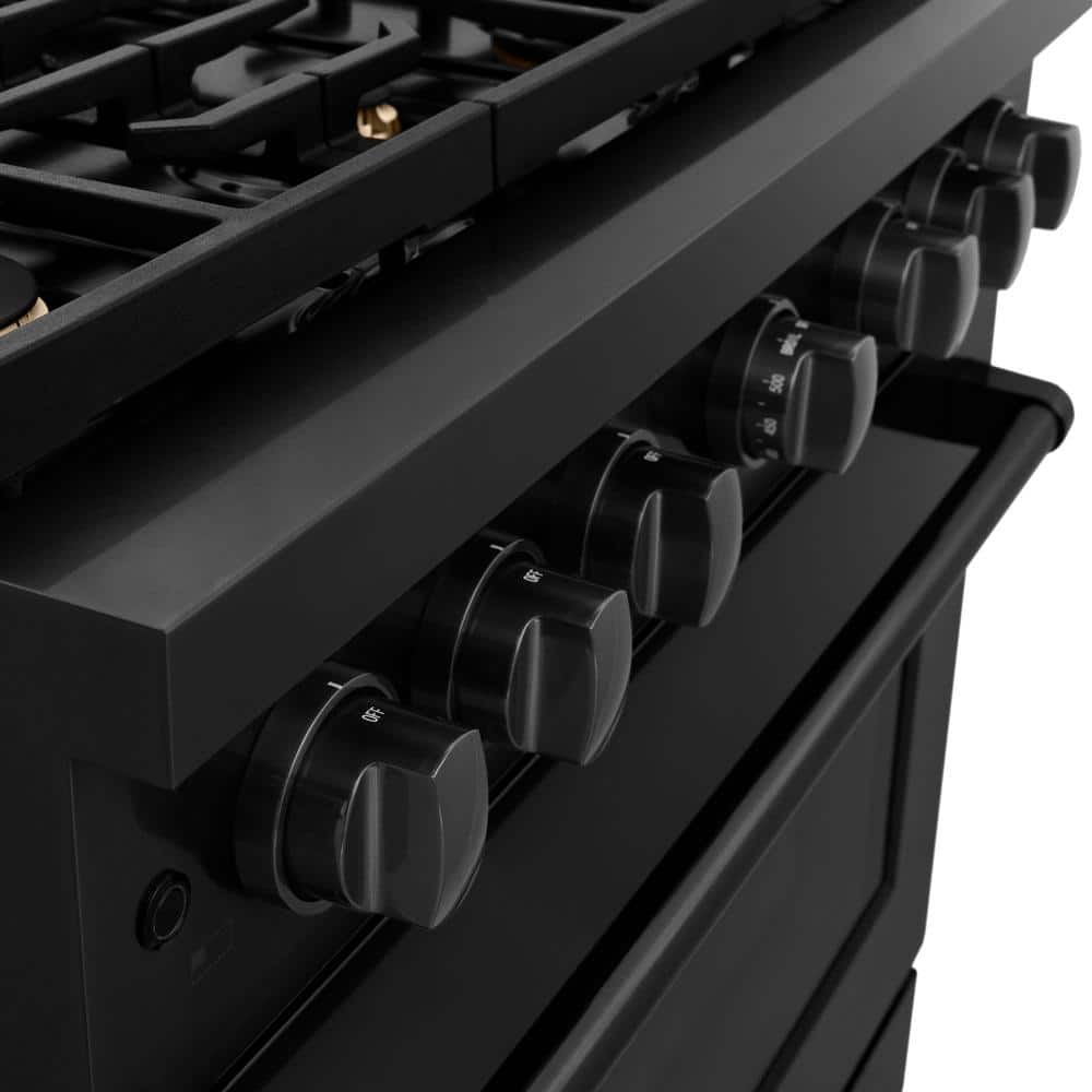 36" Black Stainless Steel Gas Range with Convection Oven and Brass Burners