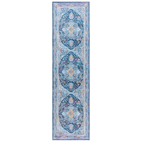 Orlando 2 ft. x 8 ft. Light Blue/Navy Vintage Distressed Medallion Washable Runner Rug