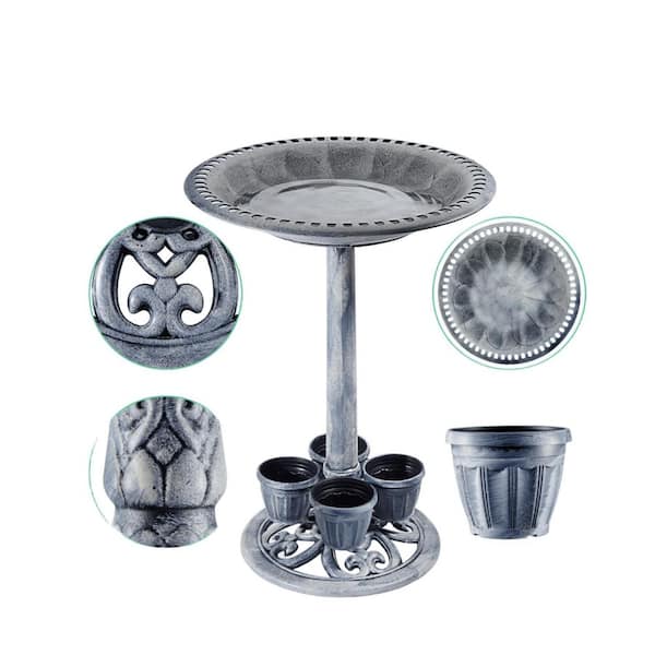 28 in. Gray Polyresin Bird Bath for Outside with 4 Removable Flower Planters Feeder Yard Garden Decor