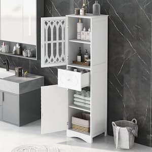 White Wood Tall Bathroom Storage Cabinet with Drawer and Doors, Adjustable Shelf
