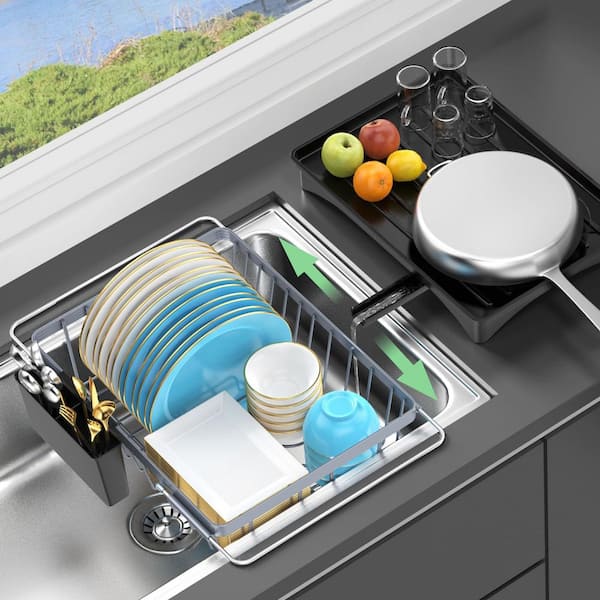 14-19in Expandable Dish Drying Rack with Cutlery Holder for Over the Sink Kitchen Counter in Grey Space Saving Design