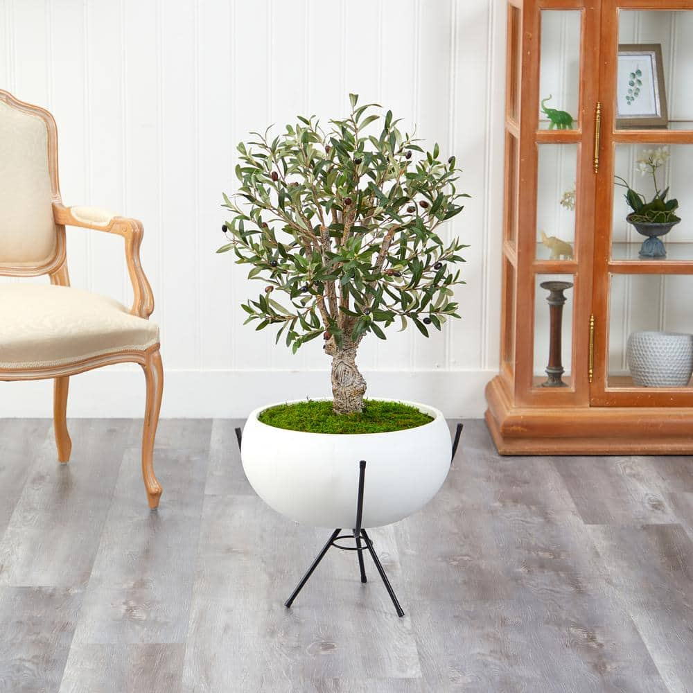 4 ft Artificial Olive Plants in White Tower Planter with Realistic Leaves  and Trunk, Silk Fake Olive Tree with Plastic Nursery Pot, Faux Olive Tree  for Office Home Farmhouse 