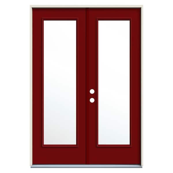 60 in. x 80 in. Red Right-Hand/Inswing Steel French Patio Door w/Full Lite Low-E Glass, Brickmould and Screen