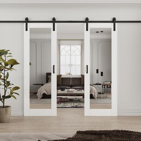 56 in. x 80 in. (Double 28 in. ) Paneled White Mirrored Glass White Primed MDF Sliding Barn Door with Hardware Kit