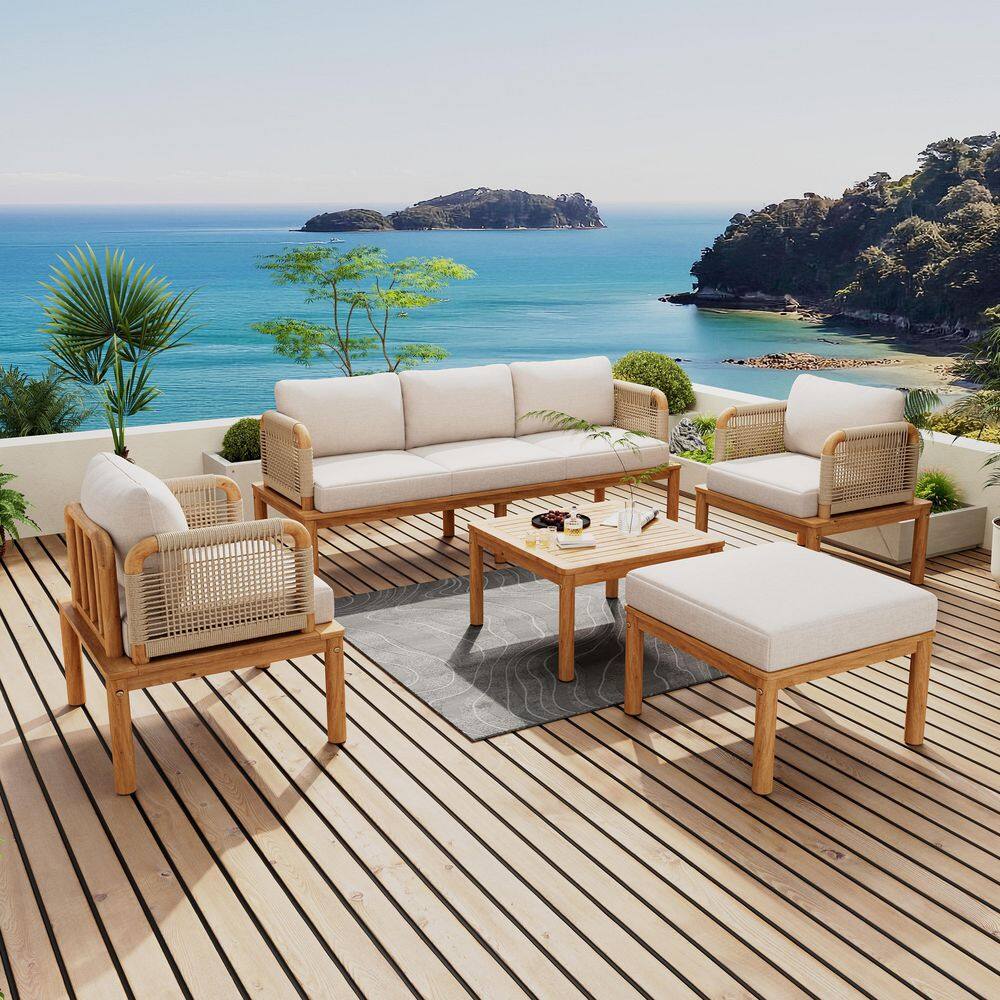 5-Piece Acacia Wood Outdoor Conversation Patio Furniture Set with Beige Cushions price history on PriceWatchPro