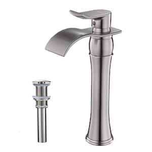 Single Handle Waterfall Bathroom Vessel Sink Faucet with Pop-Up Drain 1-Hole High Tall Bathroom Taps in Brushed Nickel