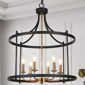 Modern Farmhouse 21.5 in. 6-Light Matte Black and Plating Brass Drum Chandelier with Candle Design for Kitchen Island