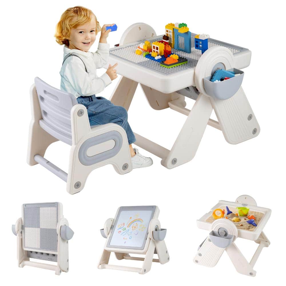 6-in-1 Kids Activity Table and Chair Set with Folding Art Easel for Drawing Crafts and Play