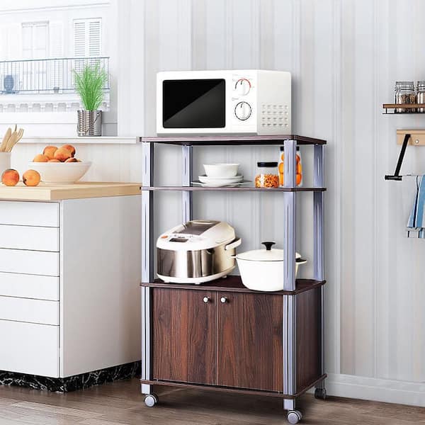 Bakers Rack Microwave Stand Rolling Storage Cart Multi-functional Display Walnut Microwave Cart