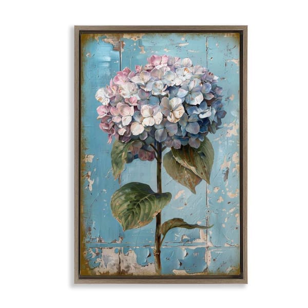 Stupell Industries Hydrangea on Distressed by LSR Design Studio Brown Floater Frame Nature Graphic Art Print 31 in. x 21 in.